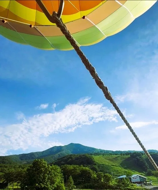 열기구 위에서 내려다본 니세코의 푸른 산과 숲의 전경