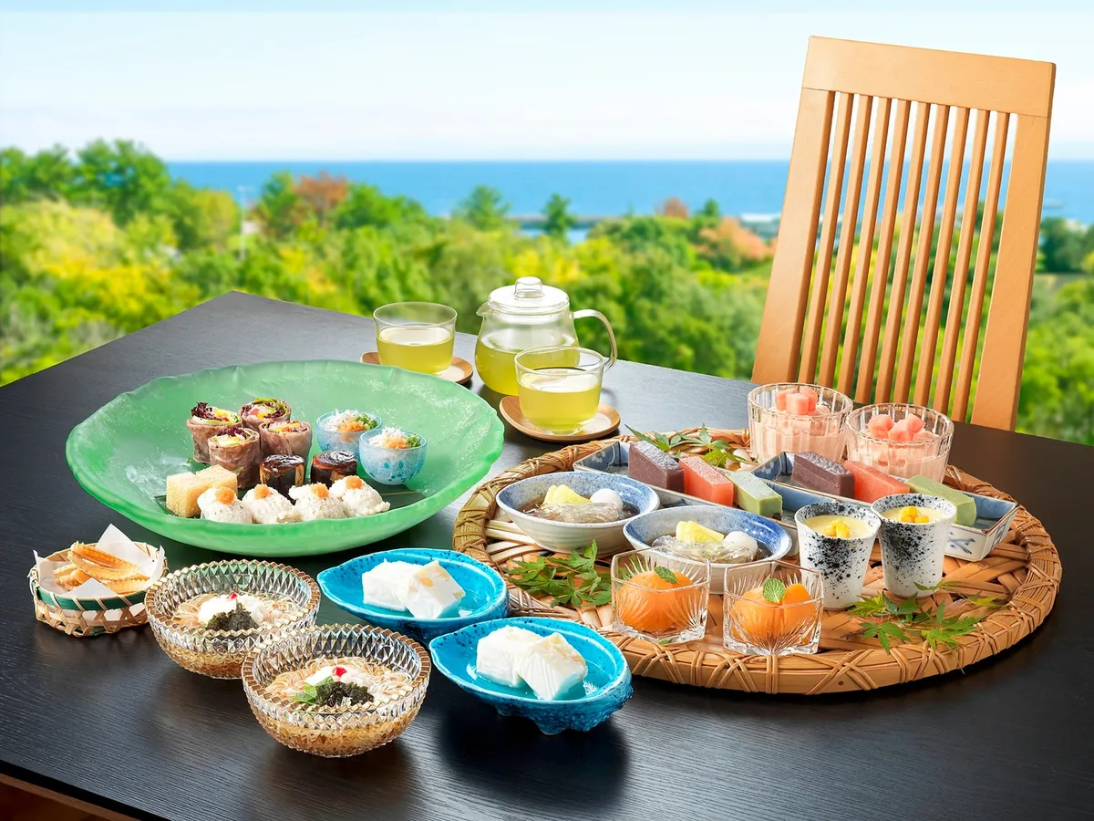 Japanese afternoon tea set with a sea view