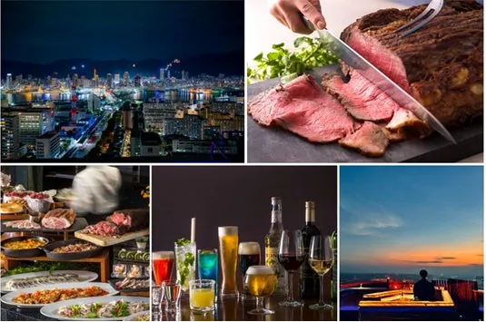 A collage showing the night view, roast beef, buffet selection, and rooftop terrace