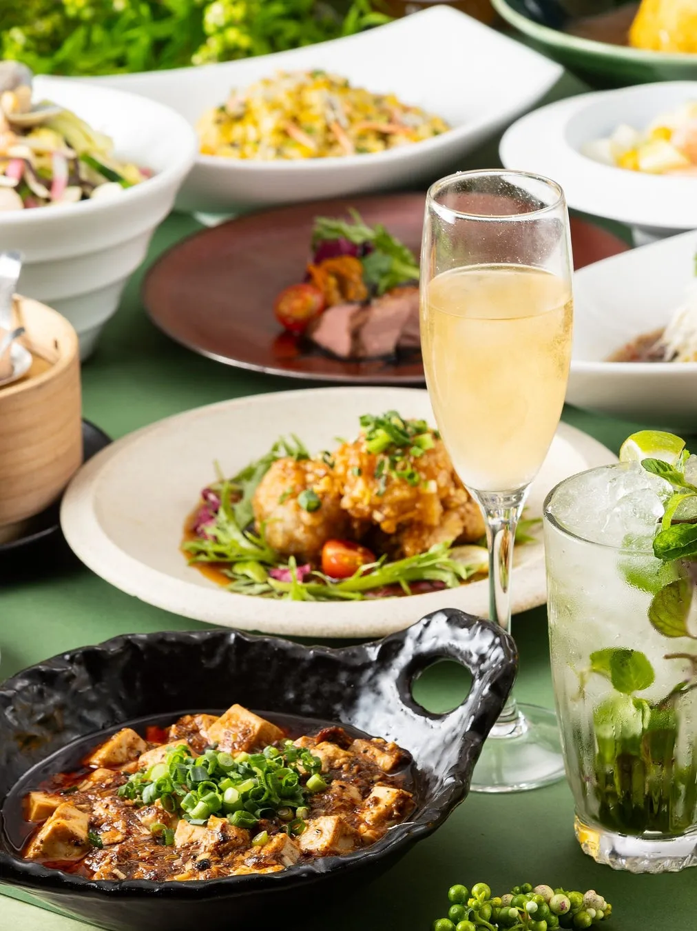 Sichuan-style Mapo Tofu and a glass of sparkling wine
