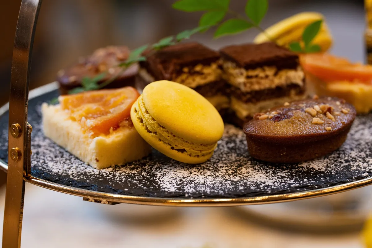 Close-up of macarons and financiers