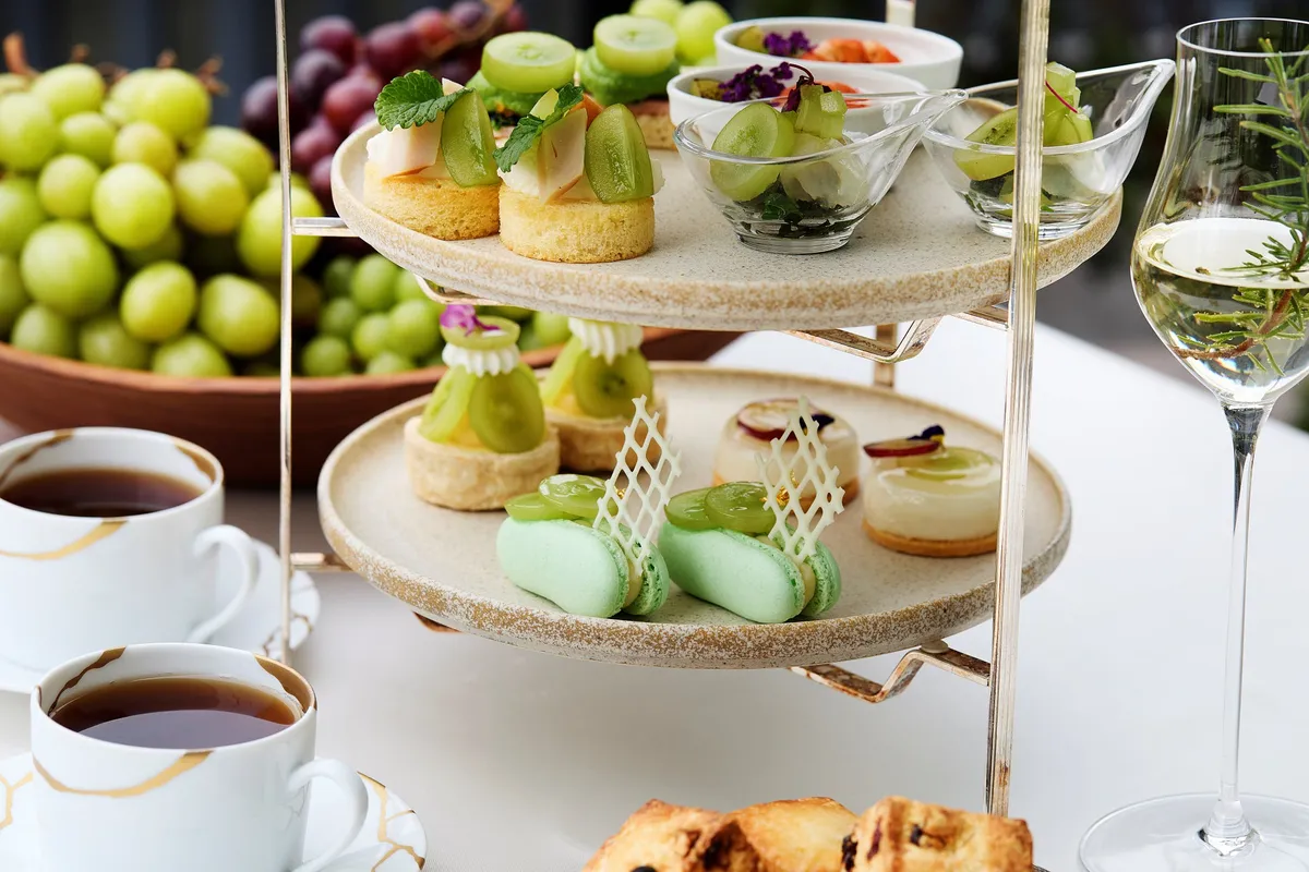 Close-up of Muscat-themed macarons and sweets