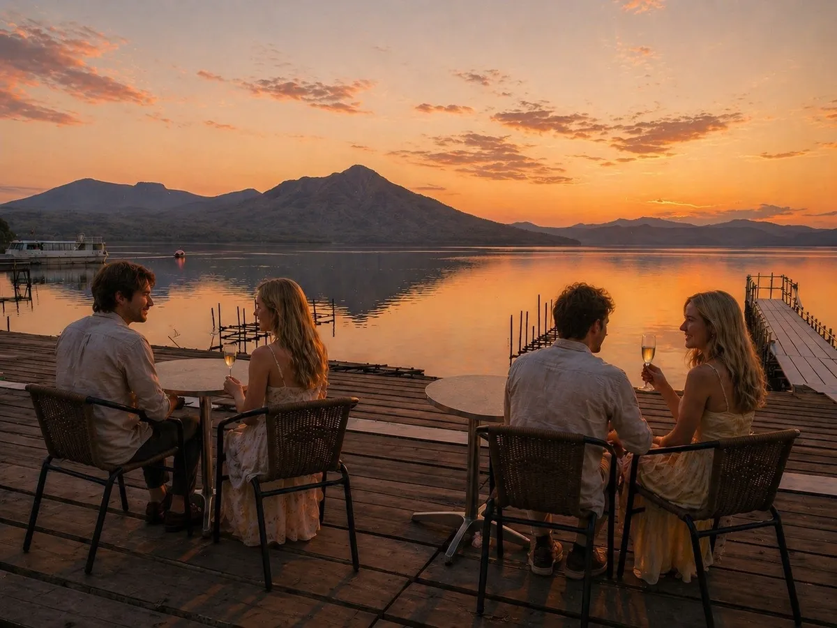 Guests enjoying drinks on the lakeside terrace