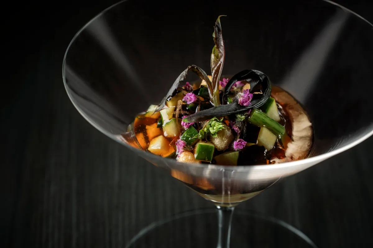 Vegetable bowl with venison consommé jelly