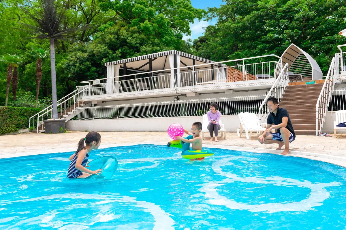 Families enjoying the pool area