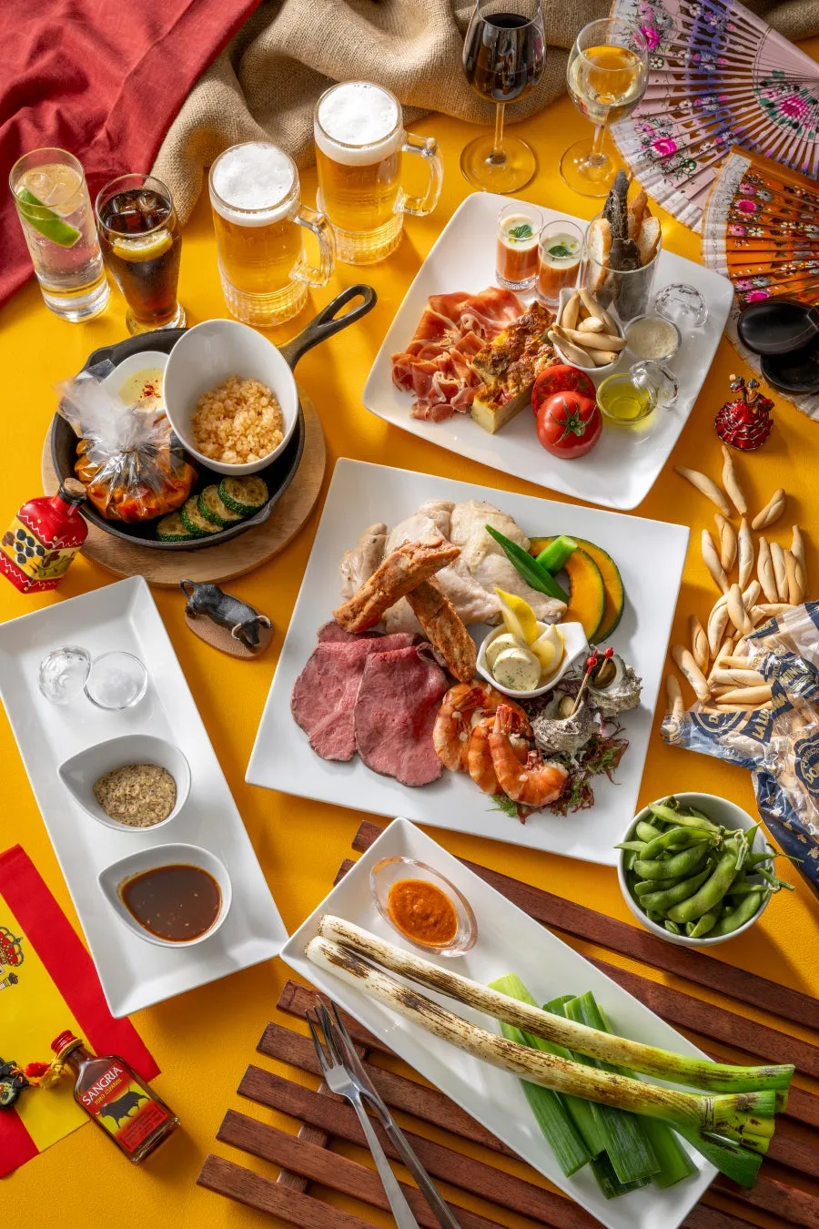Full spread of Spanish BBQ and tapas