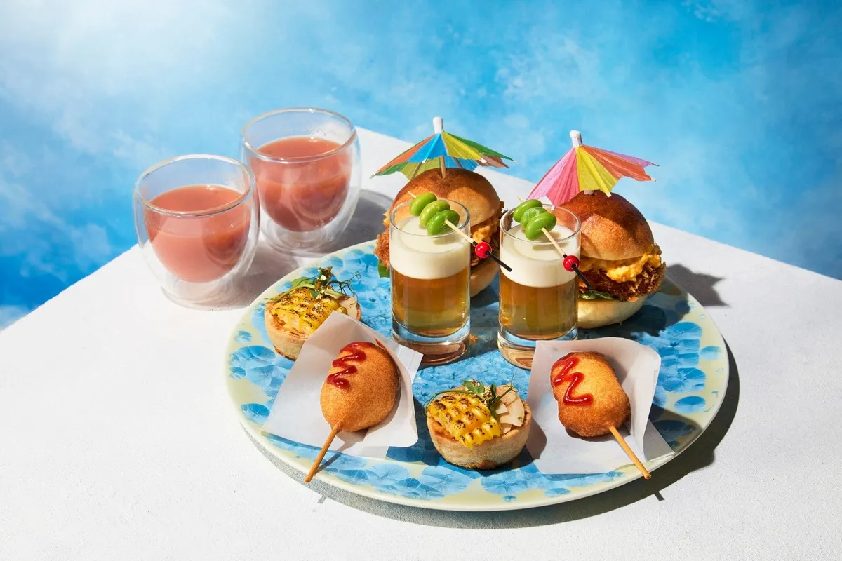 Savory items including a beer-styled soup and corn dogs