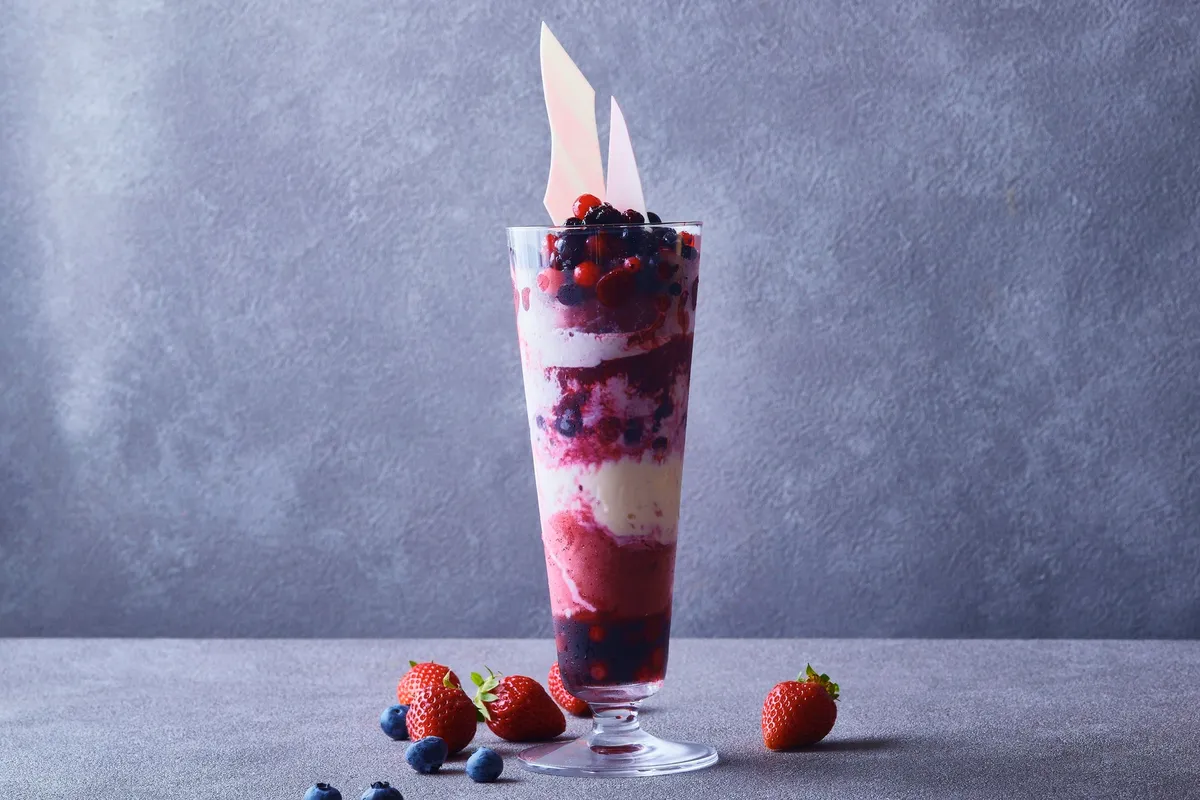 The Rouge parfait with berries and lychee granita