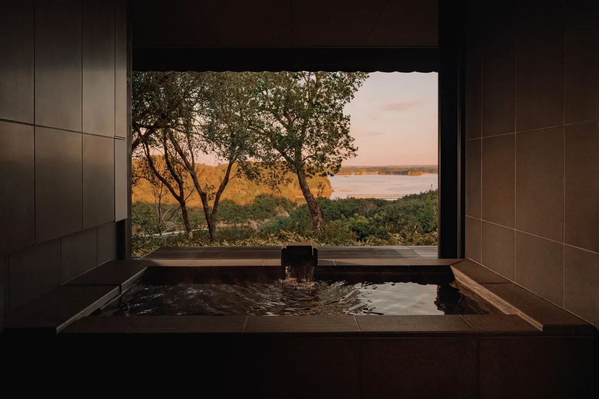 Every suite at the resort features a private bath supplied with mineral-rich onsen water