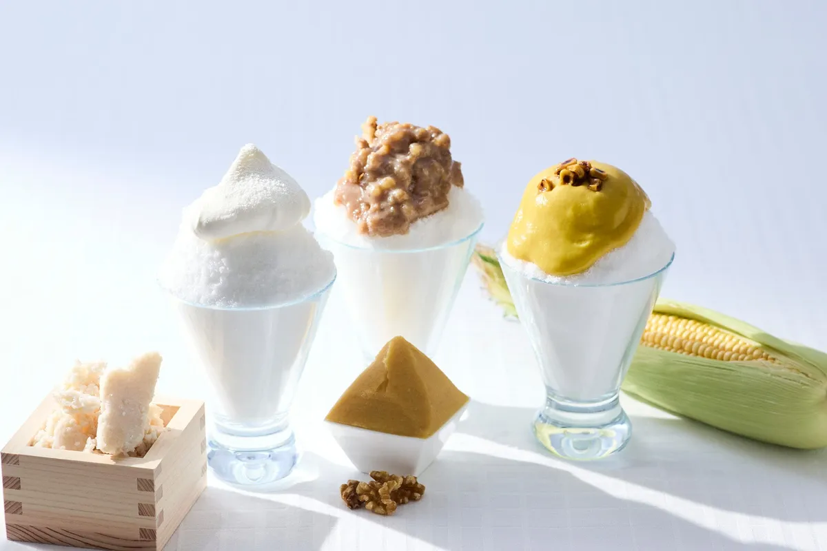 Experimental shaved ice flavors including sake lees and miso
