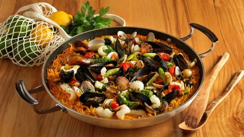 Fideo Paella with coastal seafood