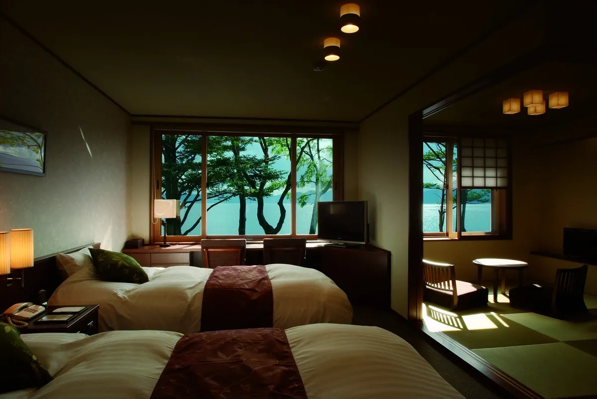 Guest room interior overlooking the lake