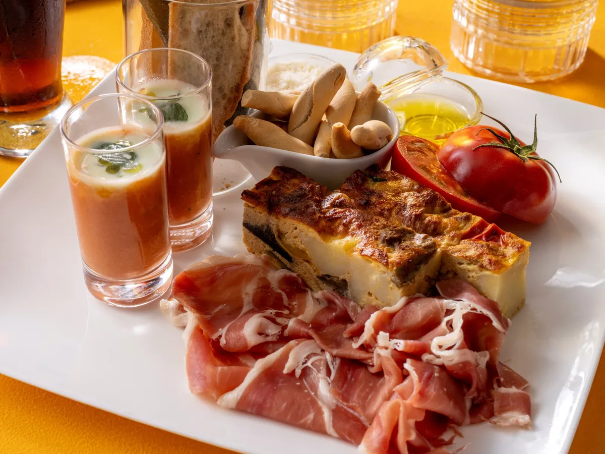 Spanish tapas including tortilla and gazpacho