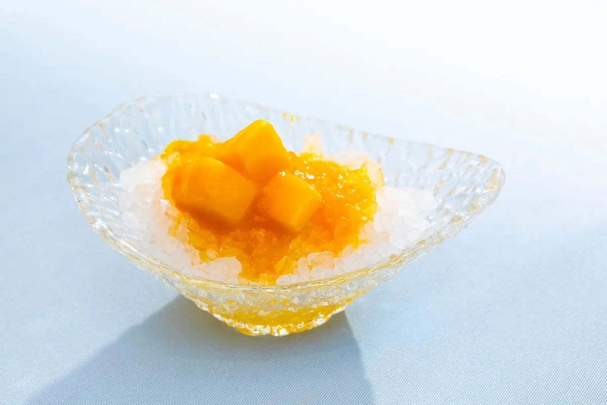 Mango shaved ice with fresh fruit cubes