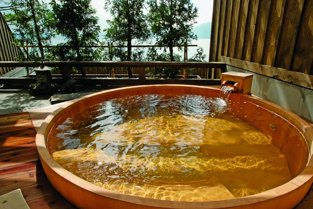 Private circular wooden onsen bath