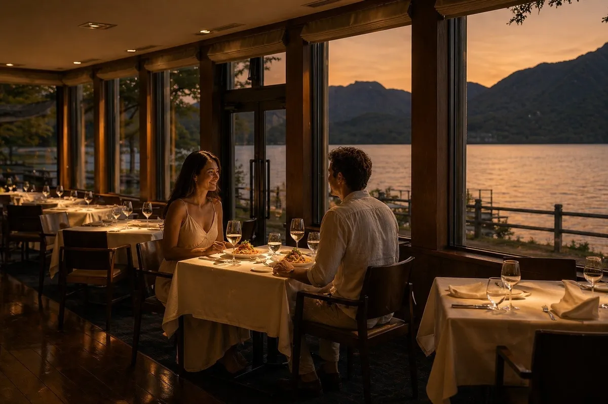 Interior of Restaurant Azzurro at sunset