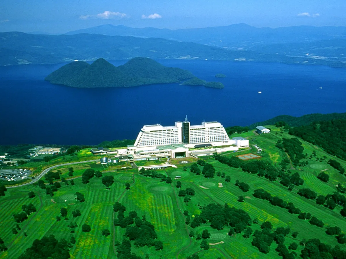 Aerial view of The Windsor Hotel Toya on the mountain peak
