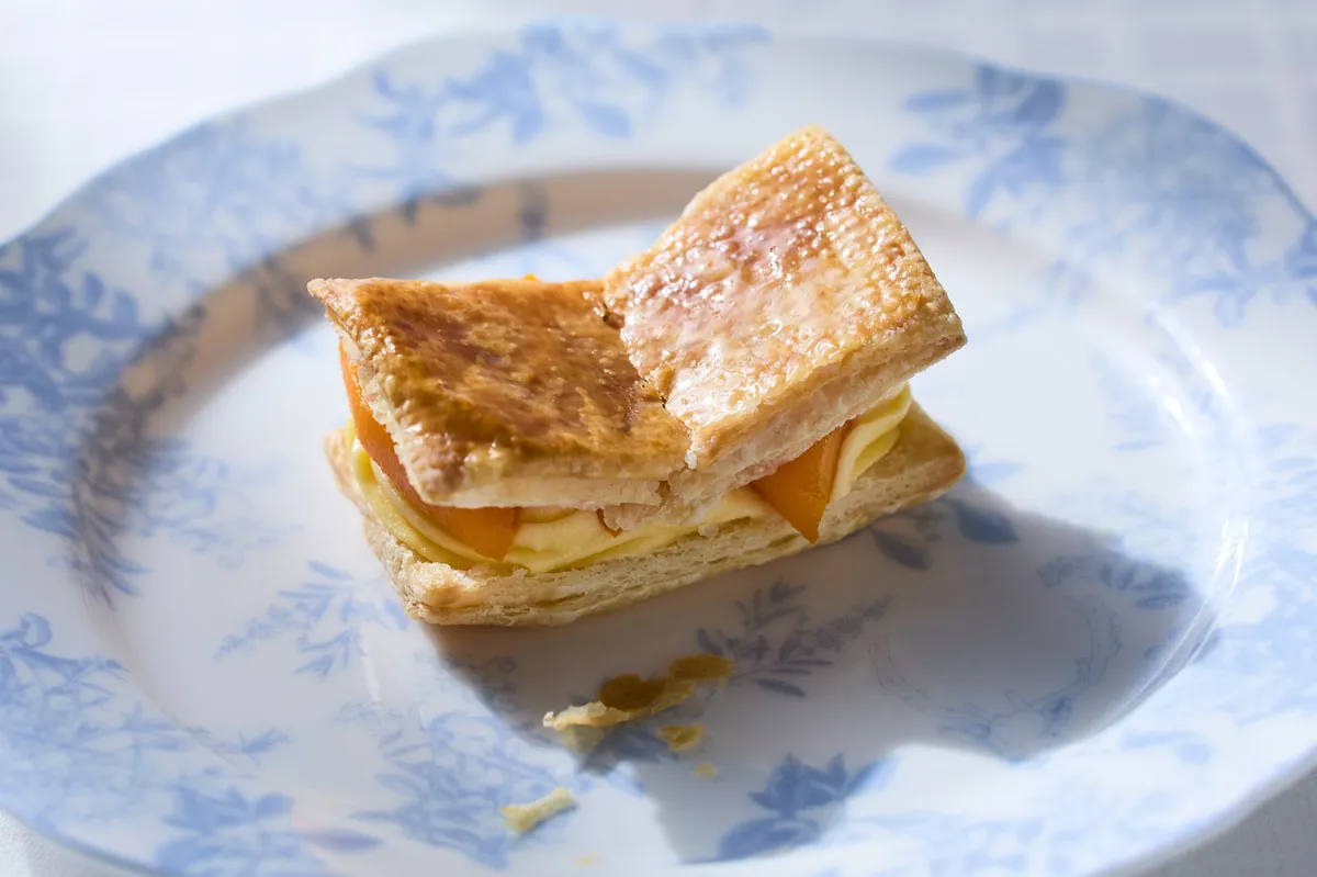 Freshly prepared mango mille-feuille