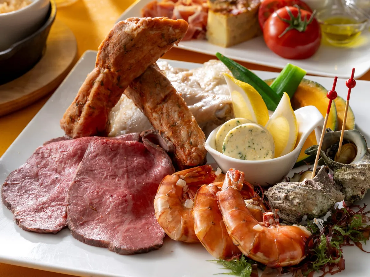 Platter of BBQ meats and seafood