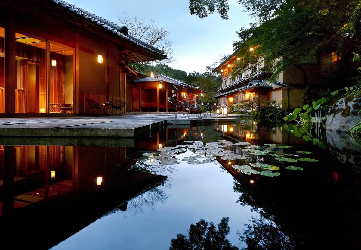 Exterior of Hoshinoya Kyoto at dusk