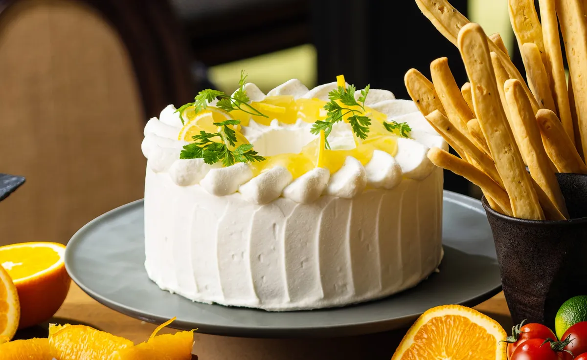 Lemon chiffon cake with cream and citrus