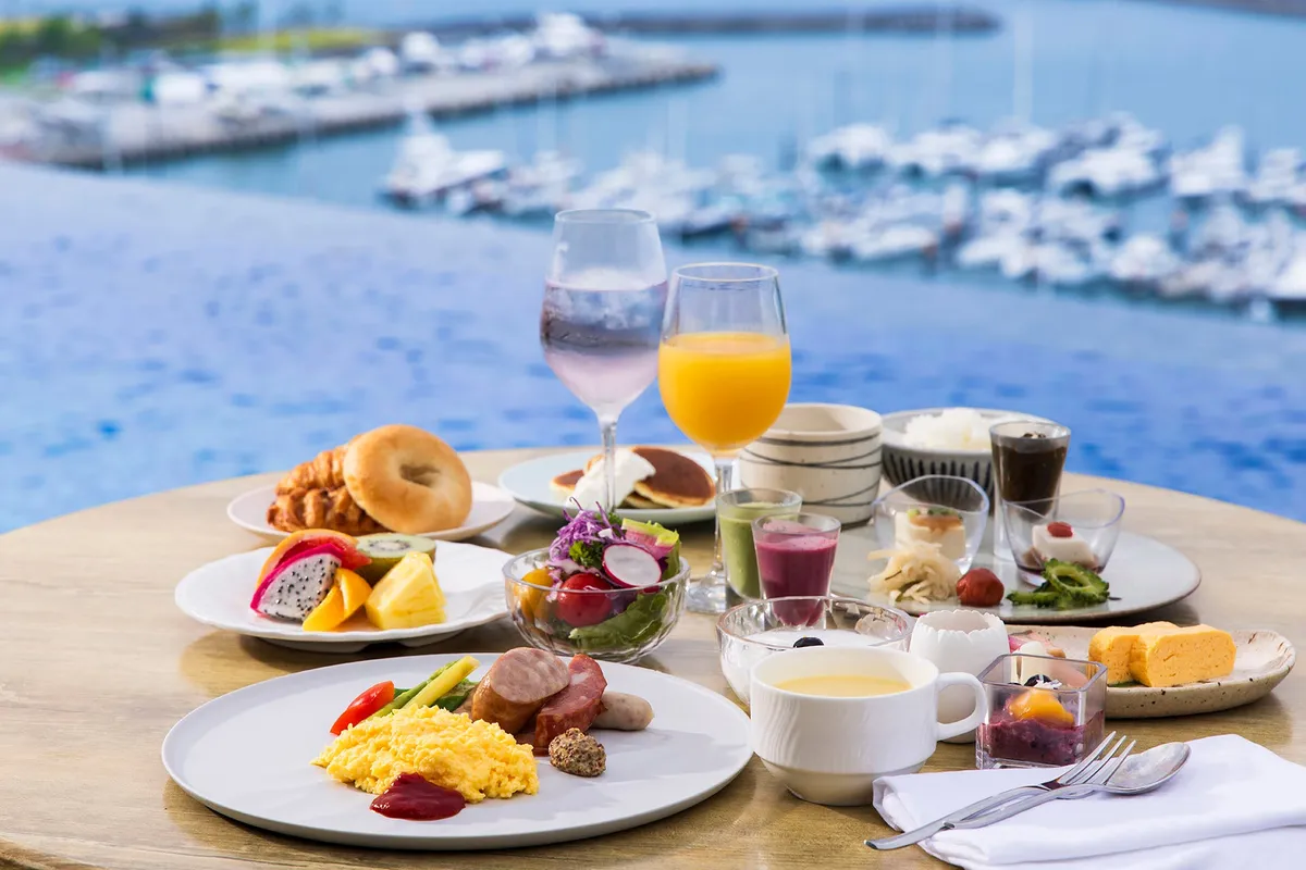 Breakfast spread with a view of the harbor