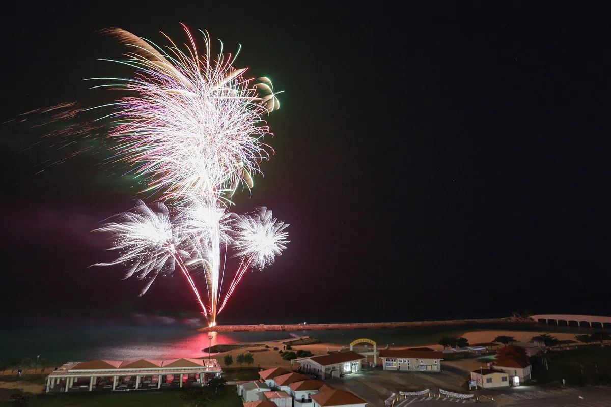 Fireworks display over the resort beach