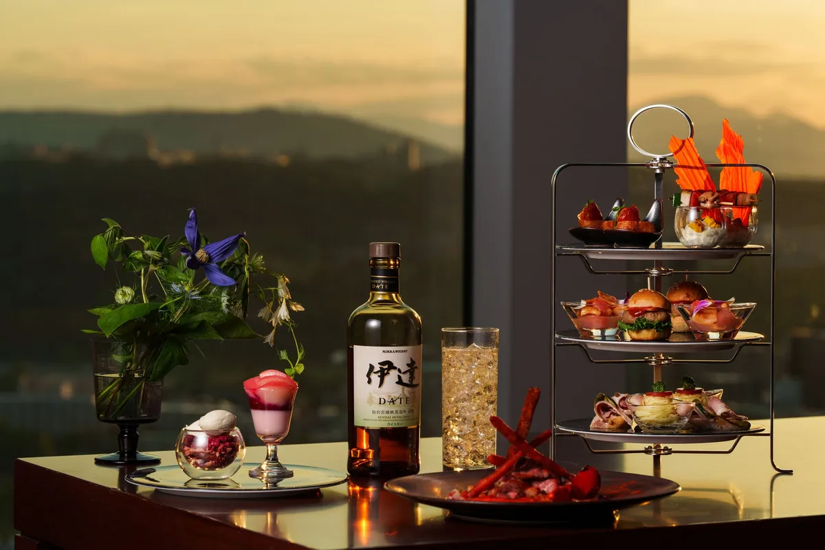 DATE High Tea set with Nikka Date whisky at sunset