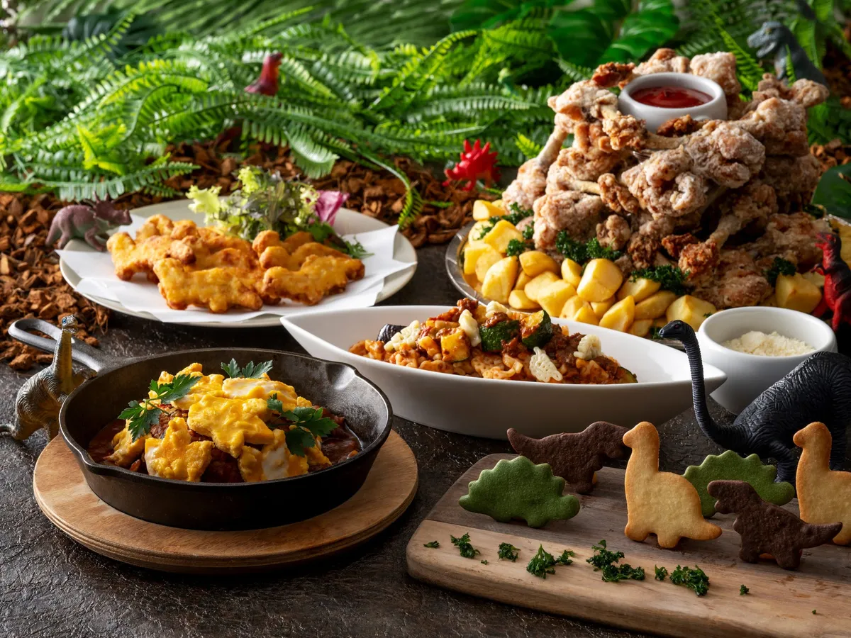 Dinosaur-themed buffet spread