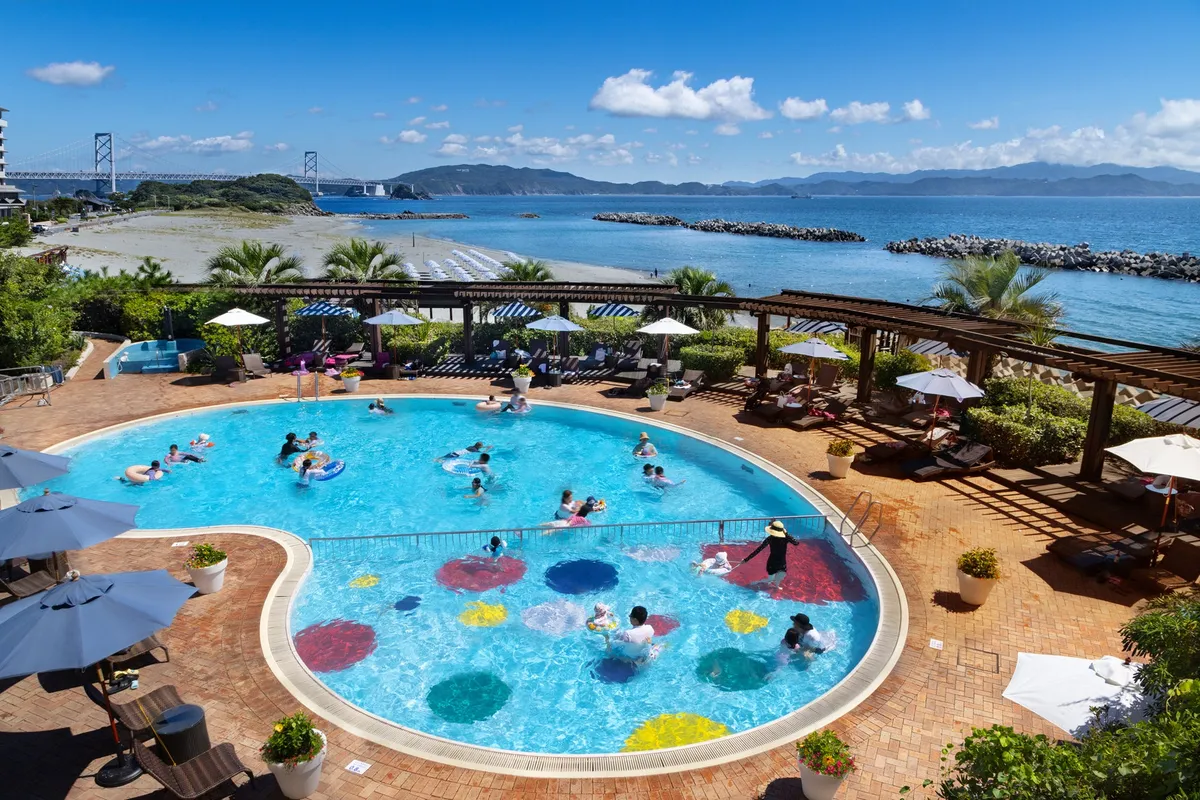 Outdoor pool overlooking the Onaruto Bridge and beach