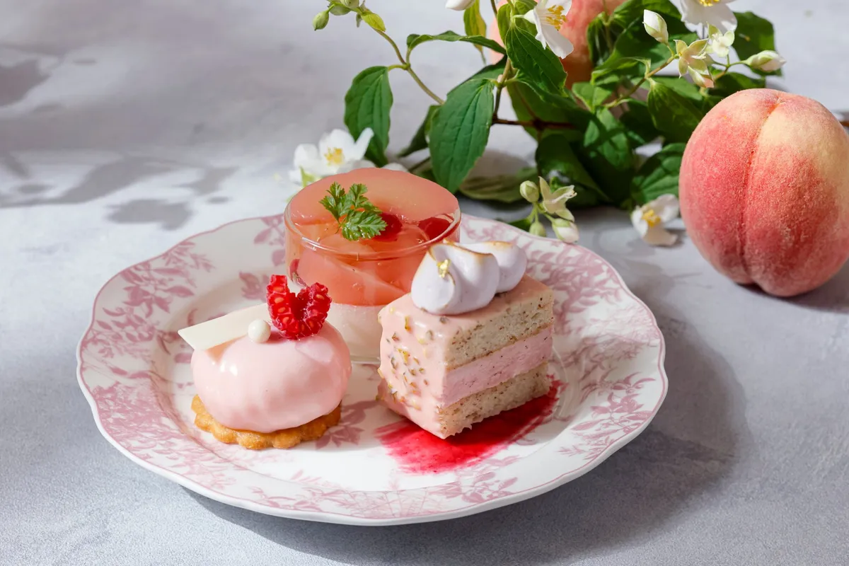Close-up of peach panna cotta and cakes