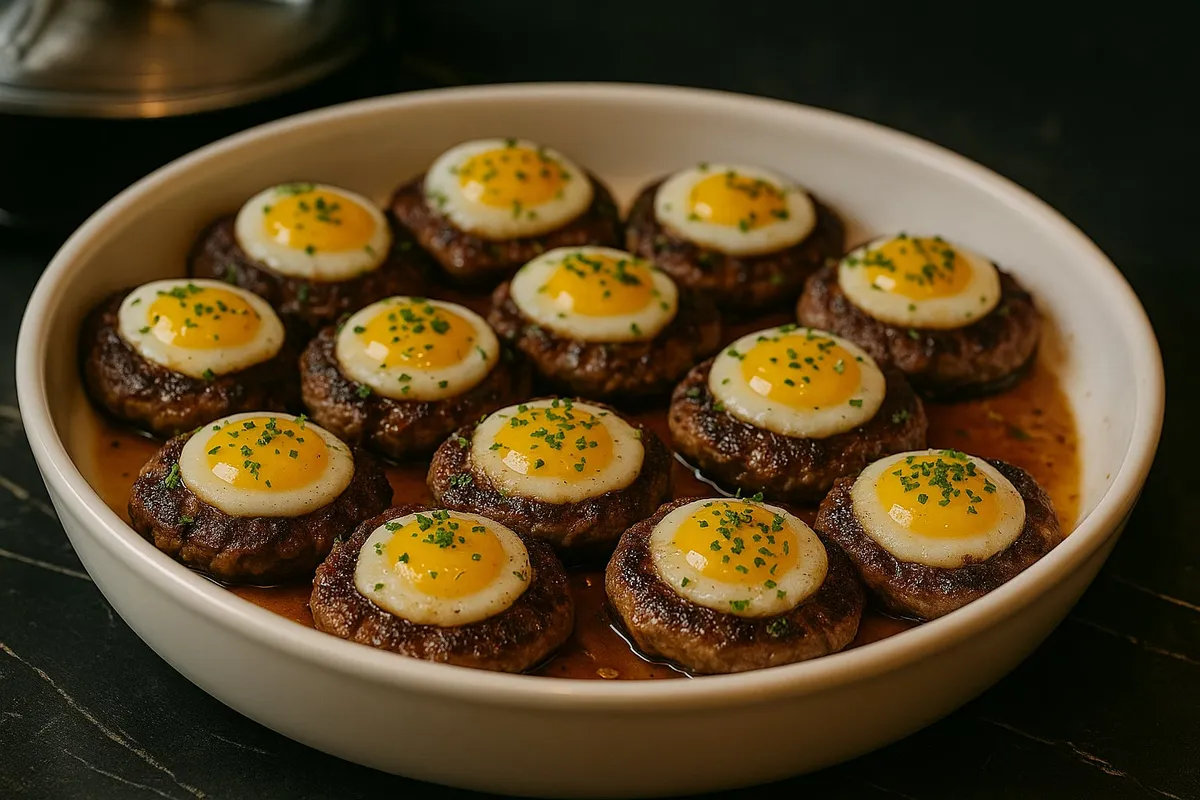 Mini Loco Moco patties with quail eggs