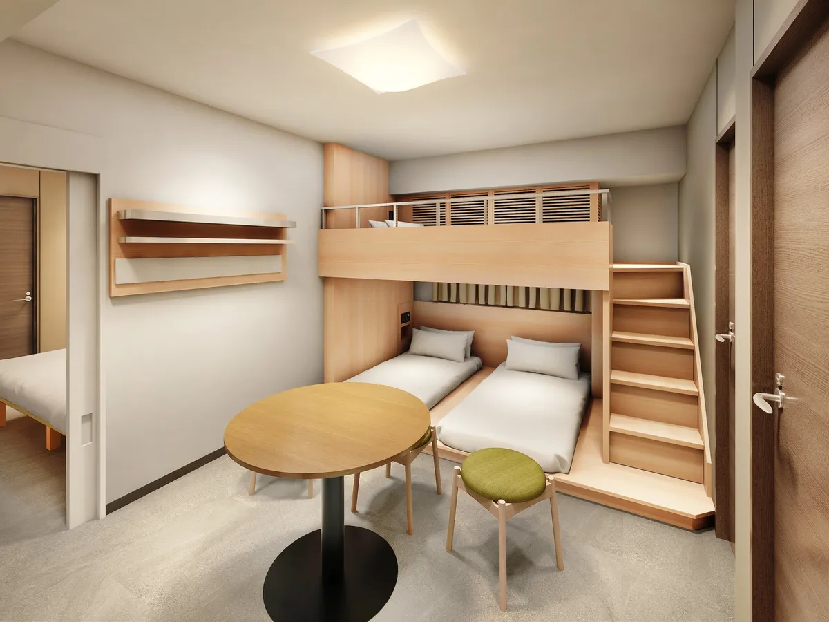 Room detail showing stairs to a bunk bed and a connecting door