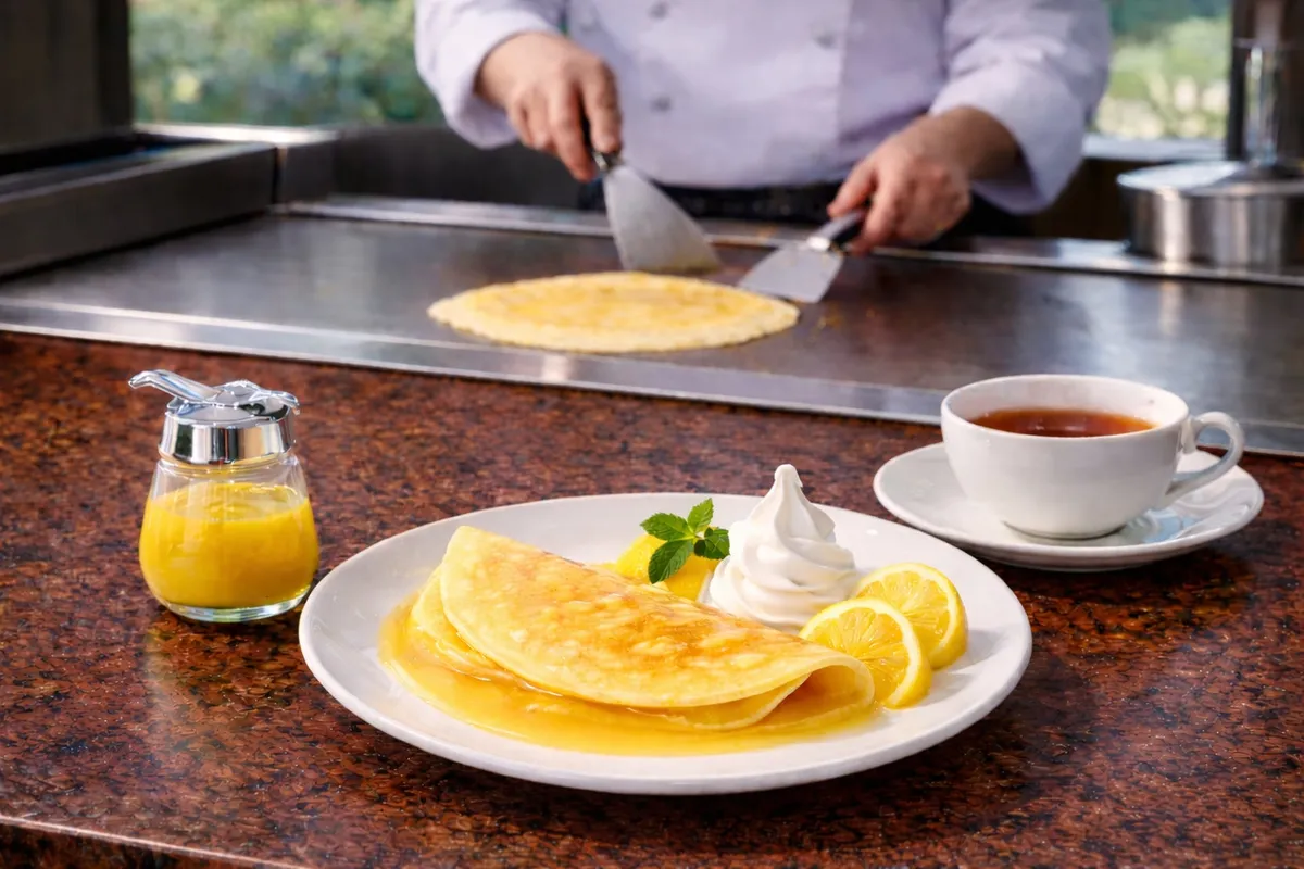 A chef preparing crepes on a teppan grill next to a finished plate