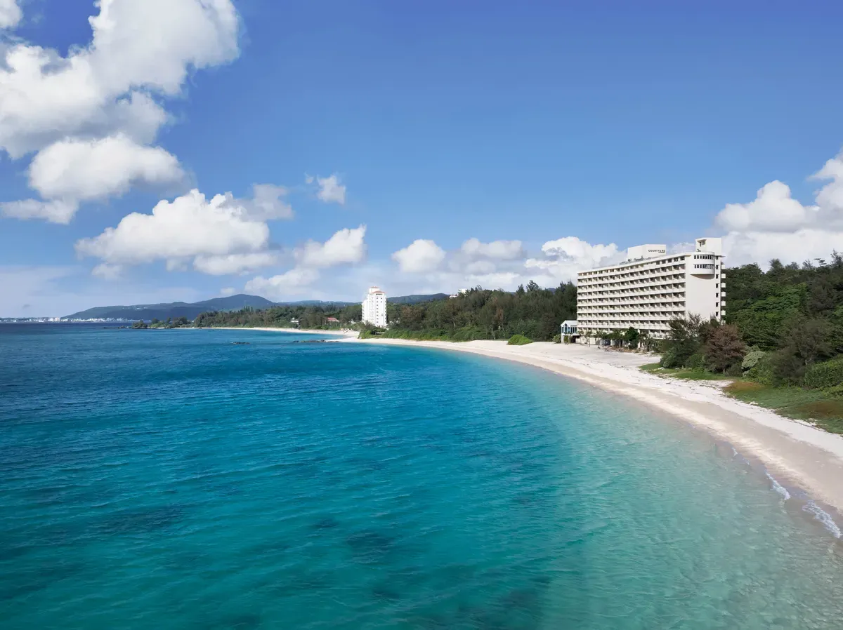 Aerial view of Courtyard by Marriott Okinawa Resort on the beach