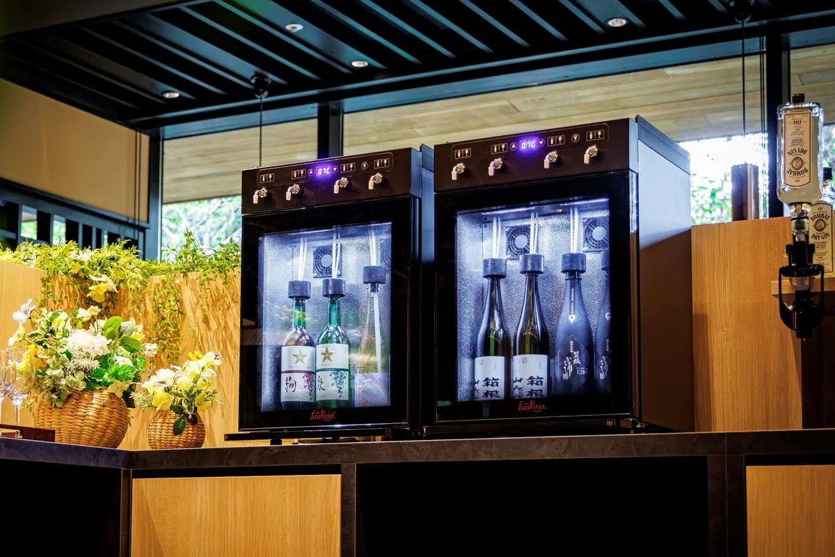 Refrigerated sake dispensers at Dining Hakone