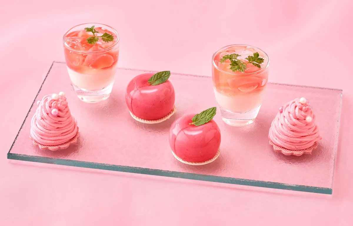 Fruit-shaped peach mousse and pink mont-blanc desserts