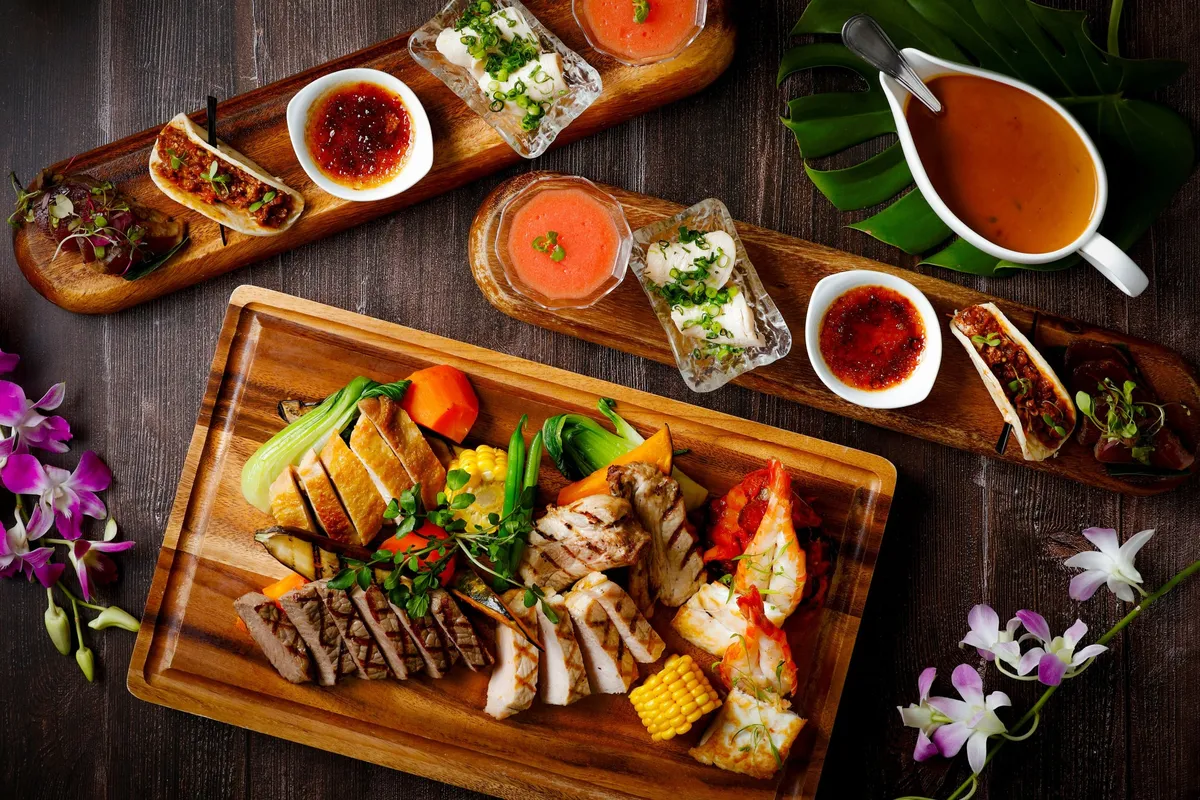 Overhead view of the grill platter and appetizers