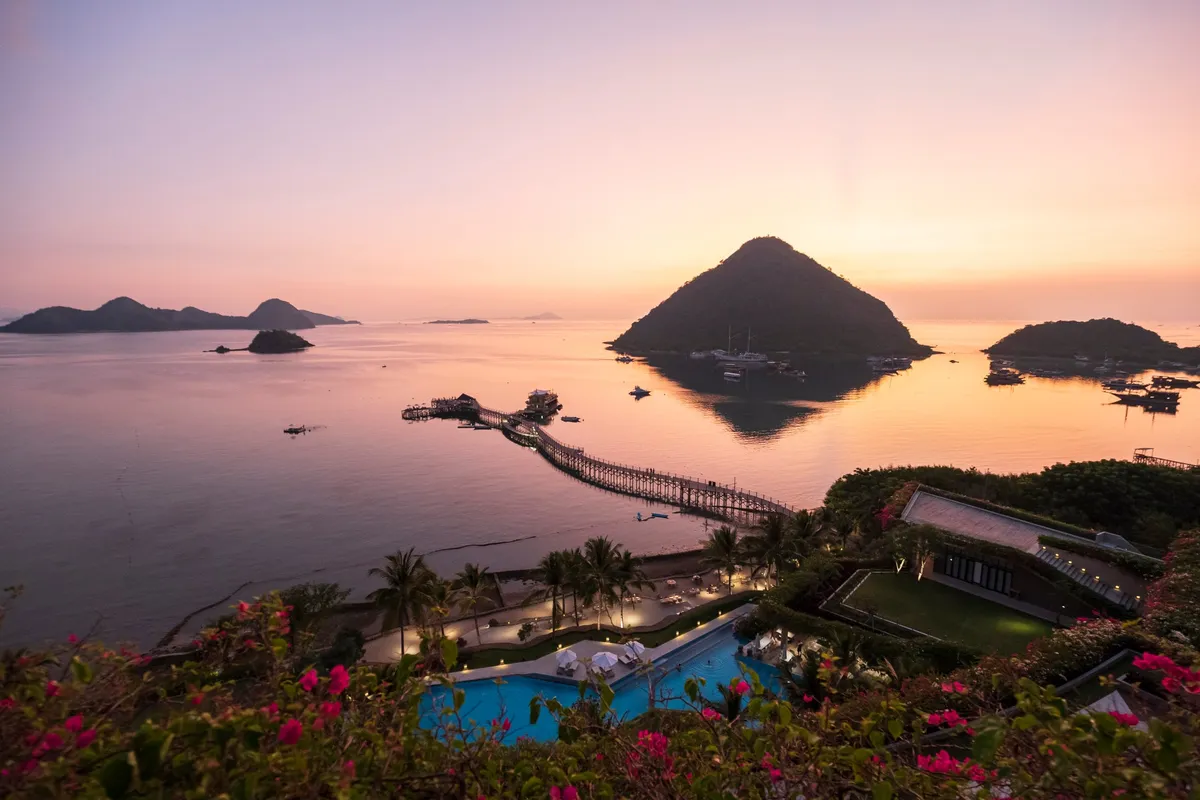 Resort view at sunset overlooking the pier and islands