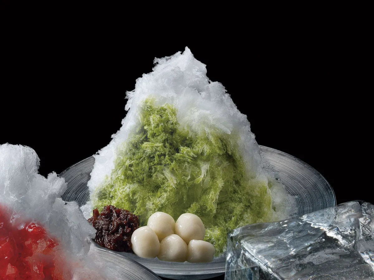 Matcha shaved ice with dumplings and beans