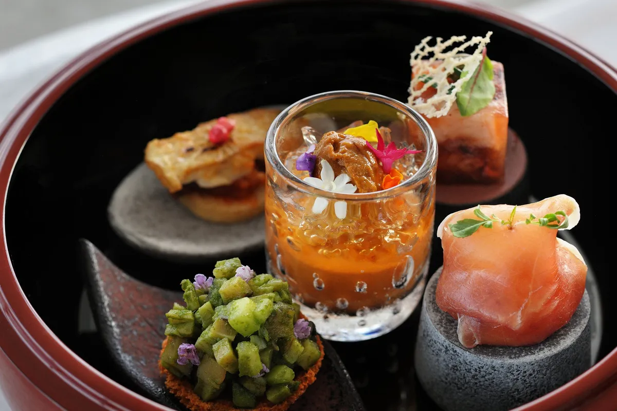 Close-up of Yamaguchi seafood including sea urchin and turban shell