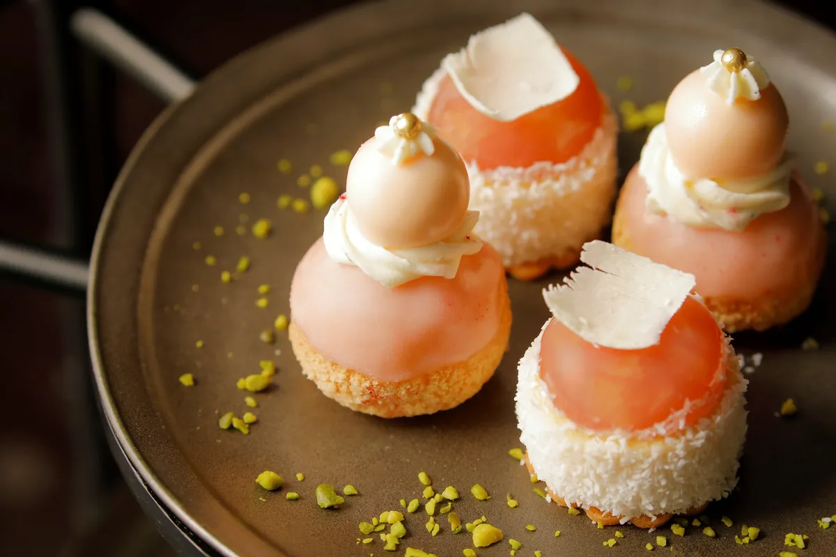 Close-up of peach-themed desserts