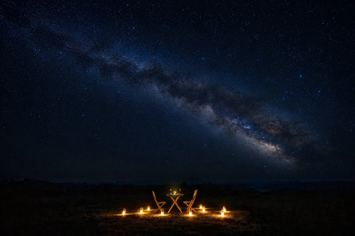 A dining table under the Milky Way with lanterns on the ground