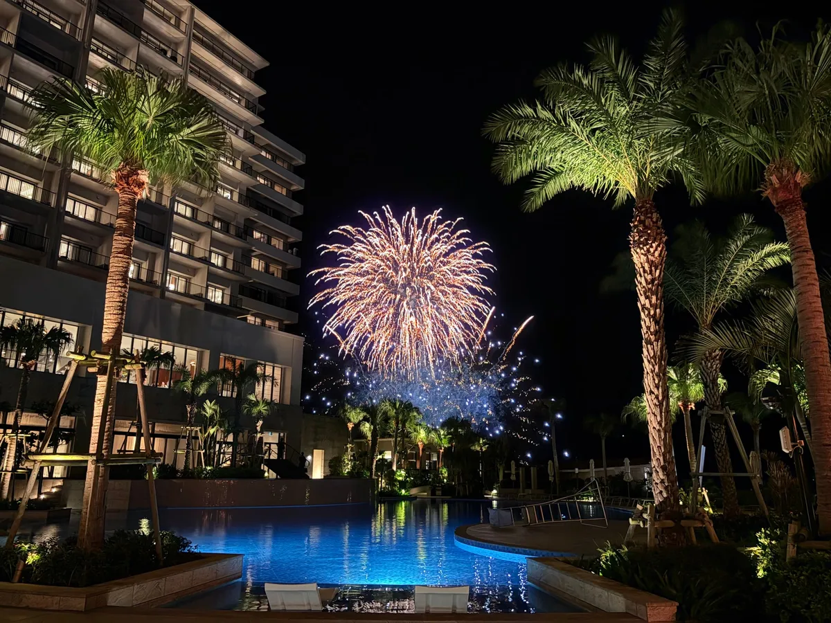 Fireworks over the resort pool
