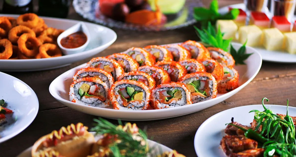 A platter of California rolls prominently displayed at the buffet