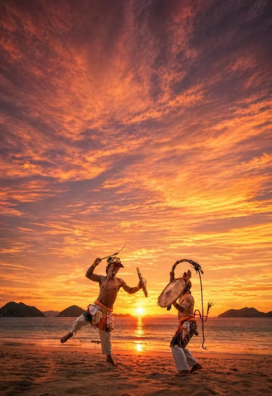 Performers engaged in the Caci ritual duel on the beach
