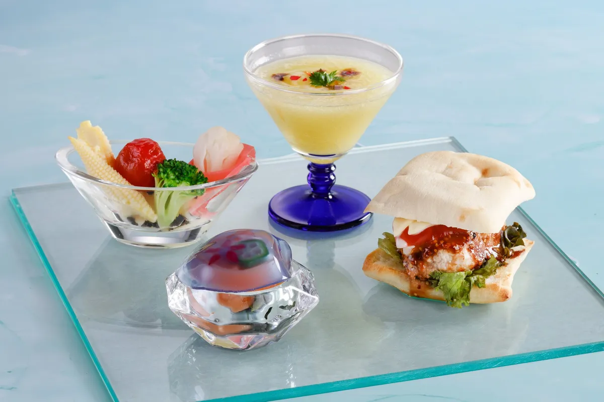 Savory selection including Danish frikadeller focaccia and melon gazpacho