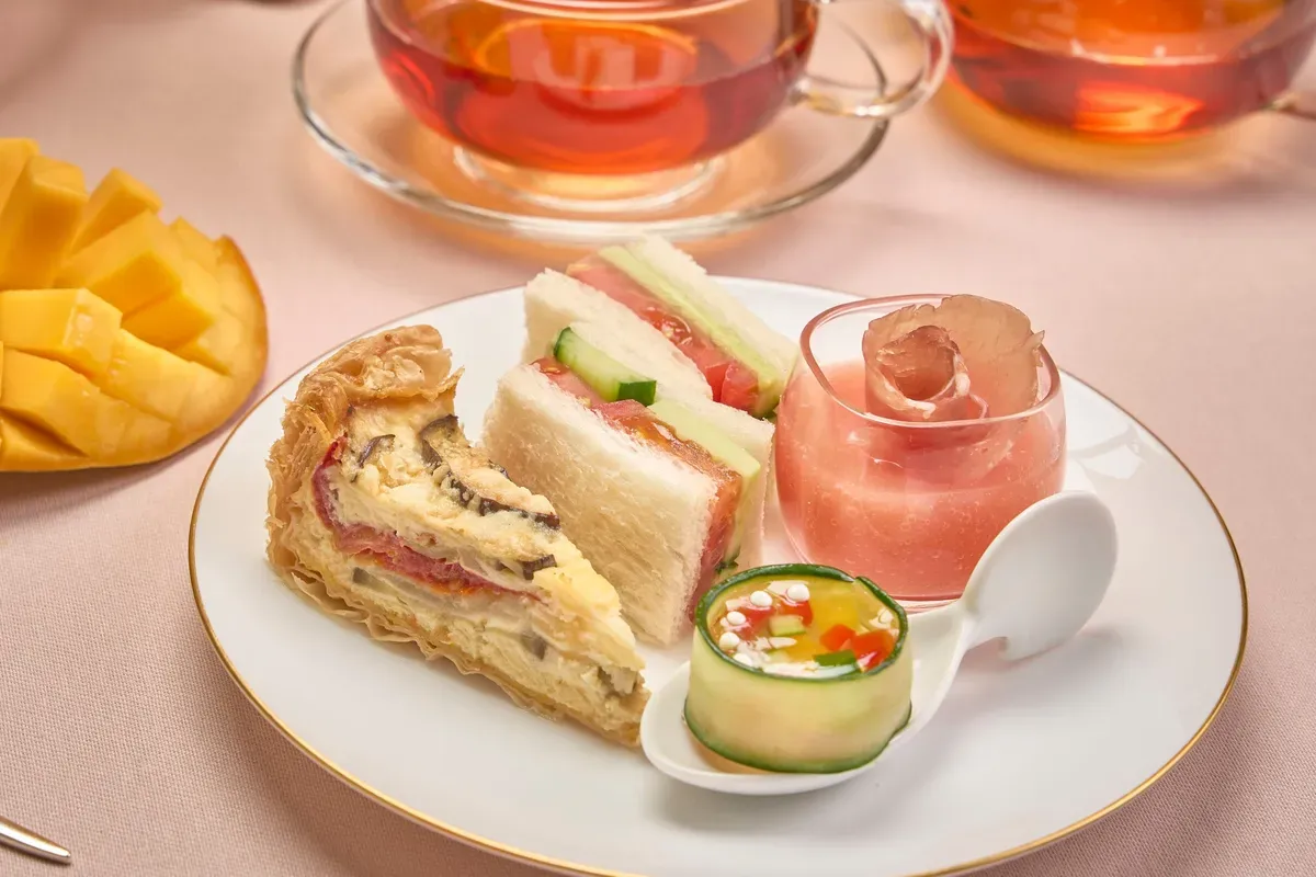 Savory selection including quiche and peach gazpacho