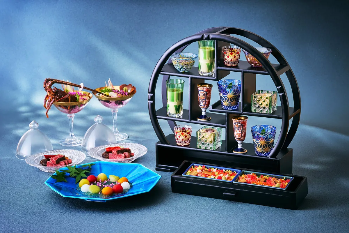 Appetizers served in a circular display stand with Edo Kiriko glass