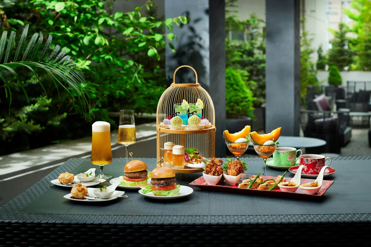Afternoon tea set on an outdoor terrace